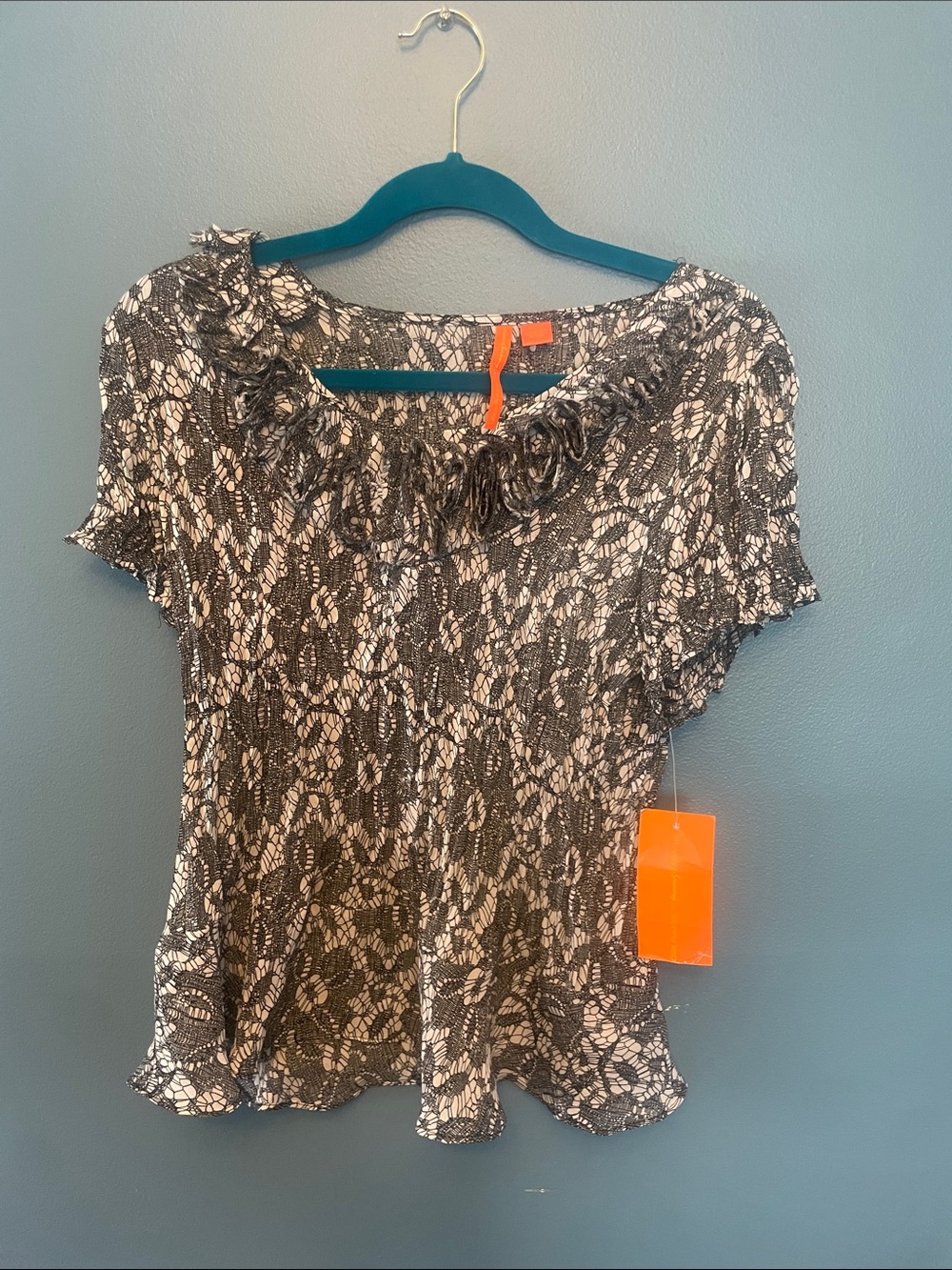 Black & White Lace-Print Short Sleeve Ruffle Neck Blouse